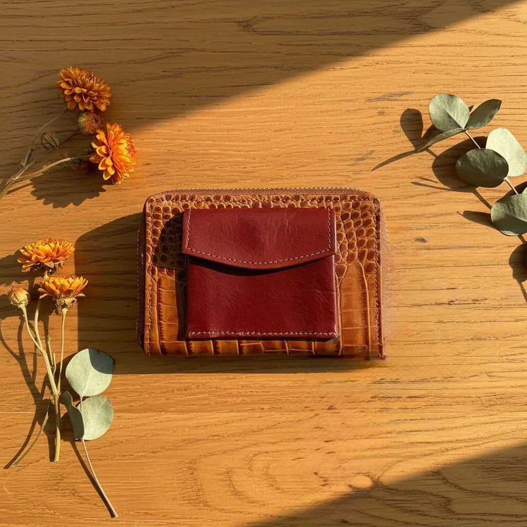 Tan Burgundy Croc-Textured Mini Wallet