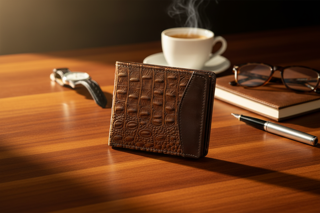 Tan & Brown Croc-Textured Leather Wallet