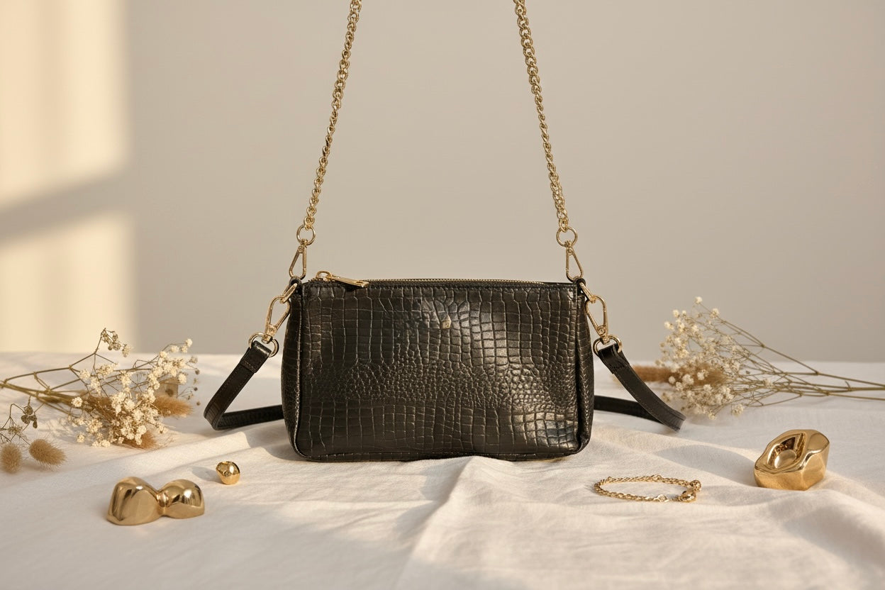 Choco Brown Croc-Textured Leather Sling Bag