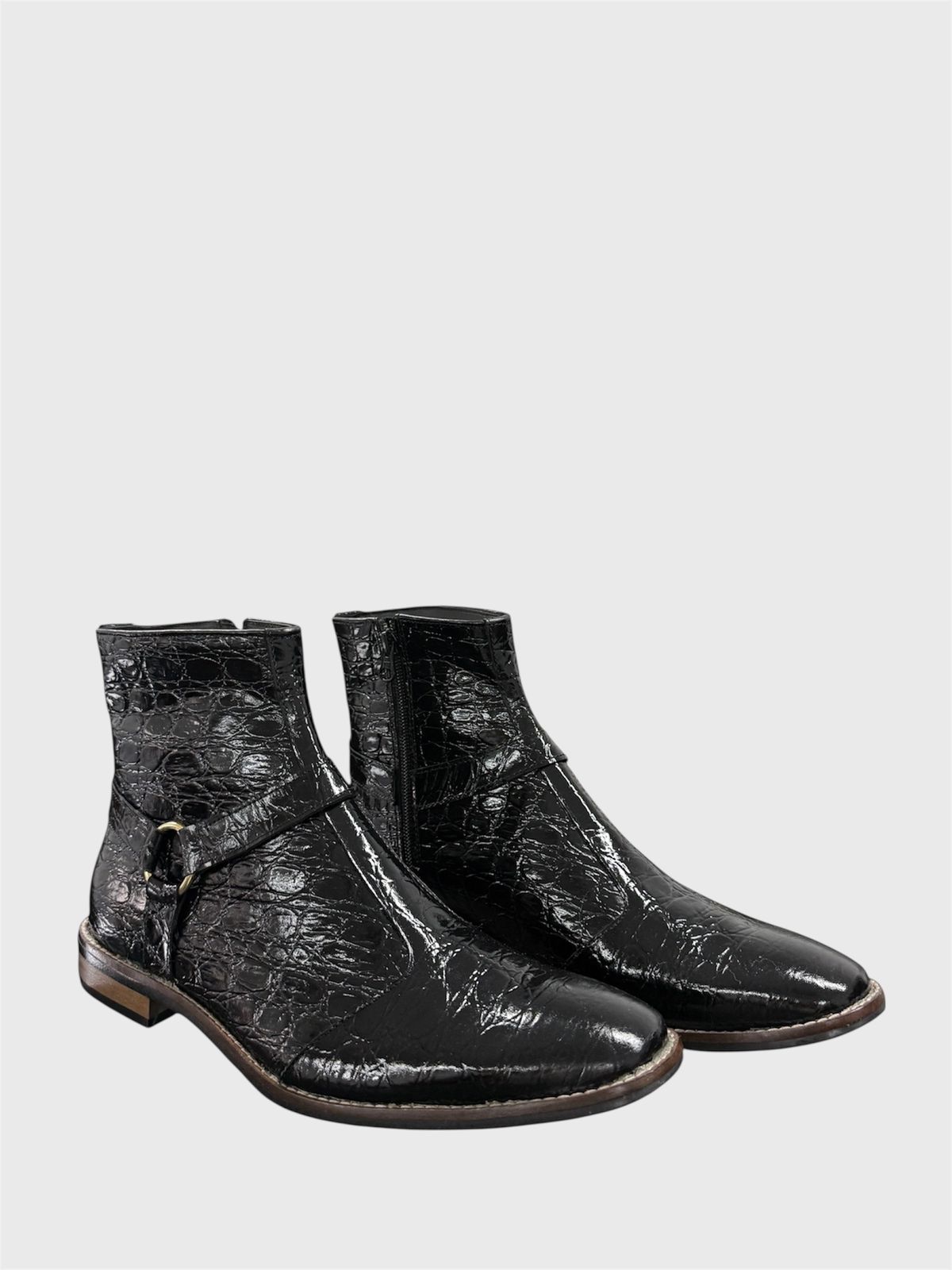 BLACK CROC-EMBOSSED LEATHER ANKLE BOOTS WITH SIDE BUCKLE