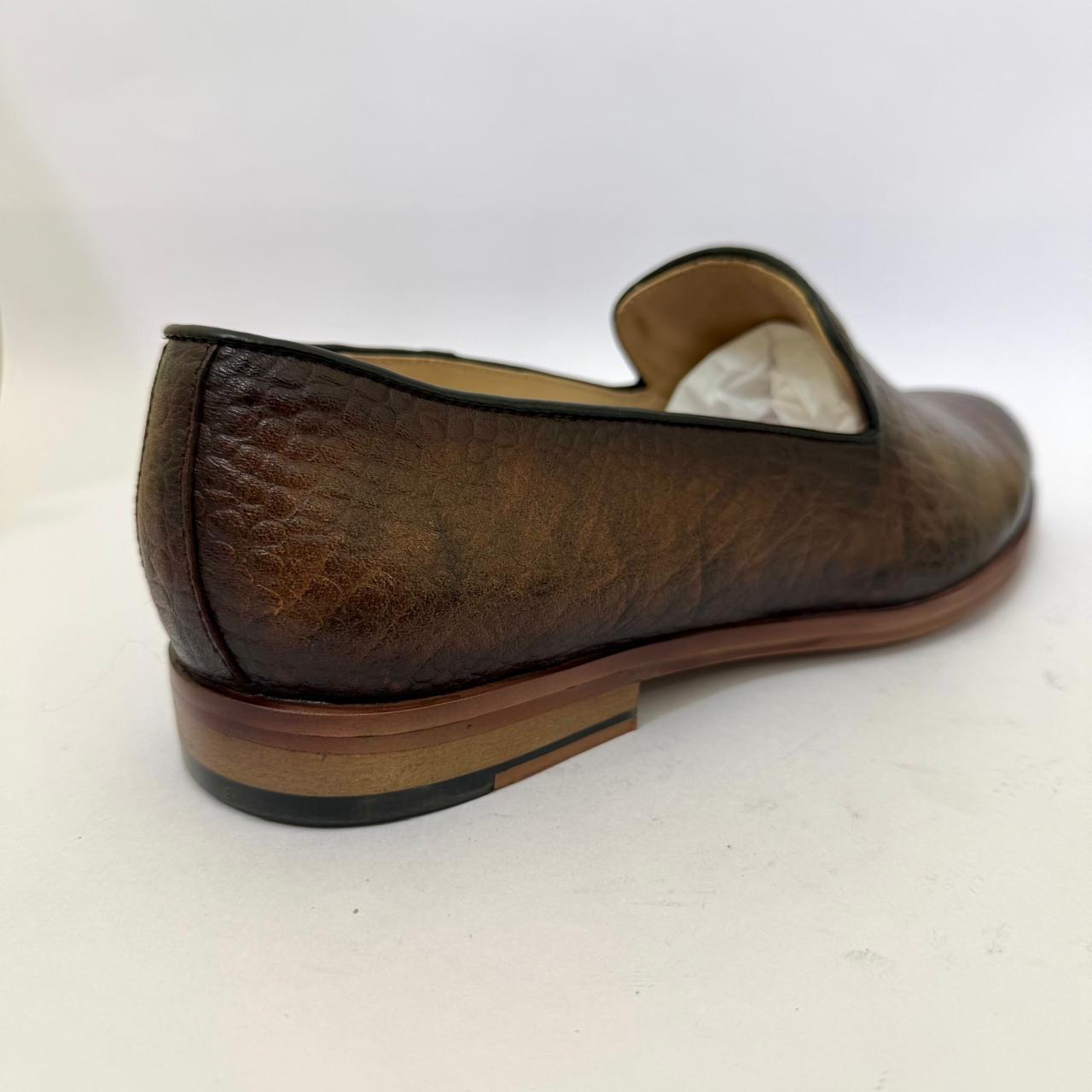 BROWN CROC-EMBOSSED SLIP-ON LOAFERS
