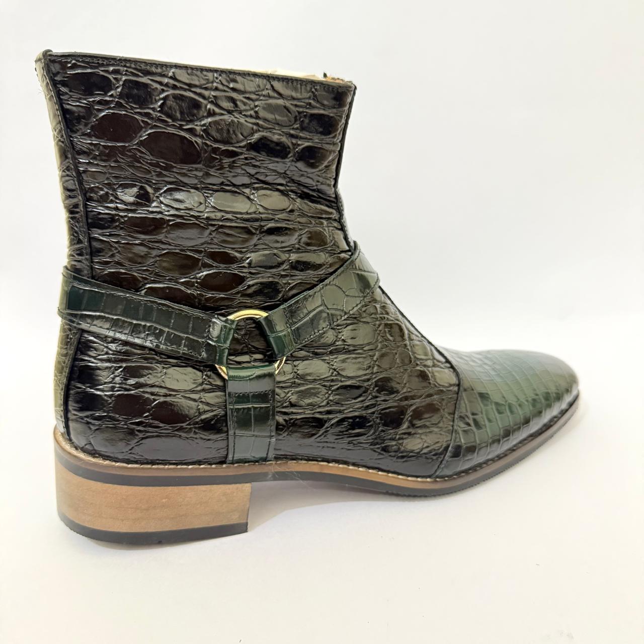 BLACK-GREEN CROC-EMBOSSED ANKLE BOOTS
