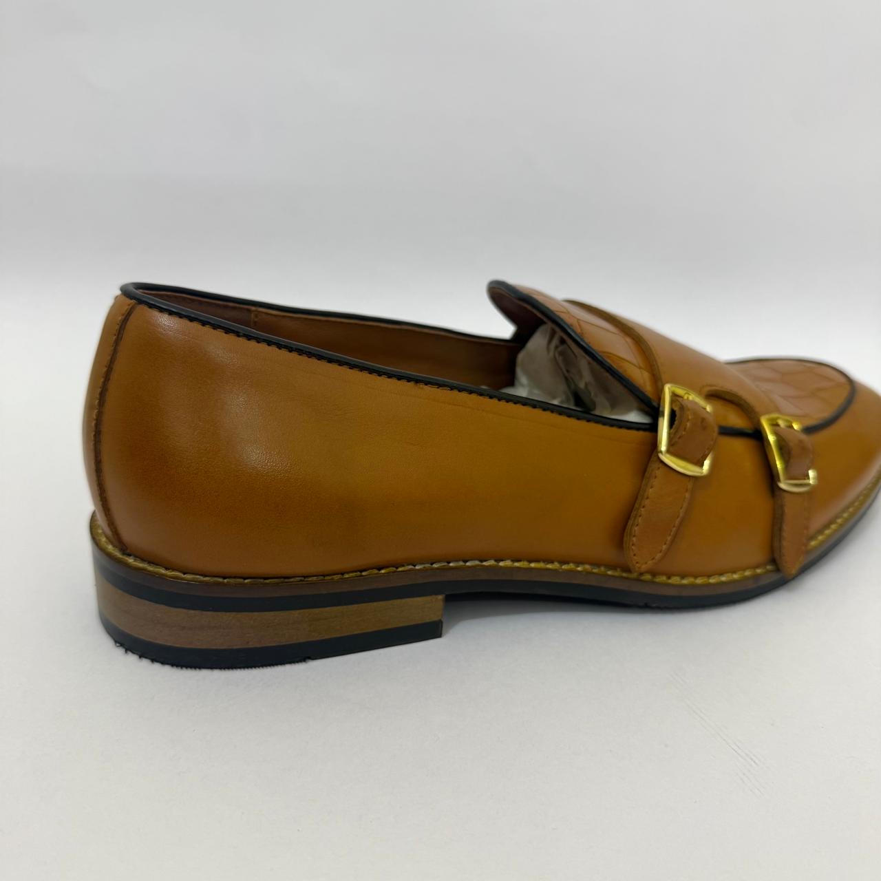 TAN DOUBLE MONK STRAP LOAFERS WITH CROC-EMBOSSED DETAILING