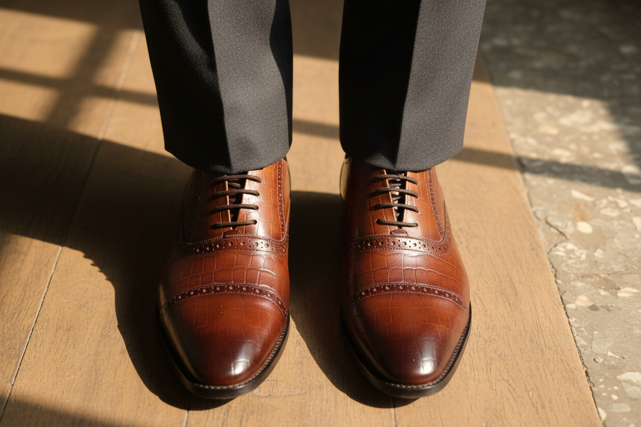 BROWN CROC-TEXTURED OXFORDS