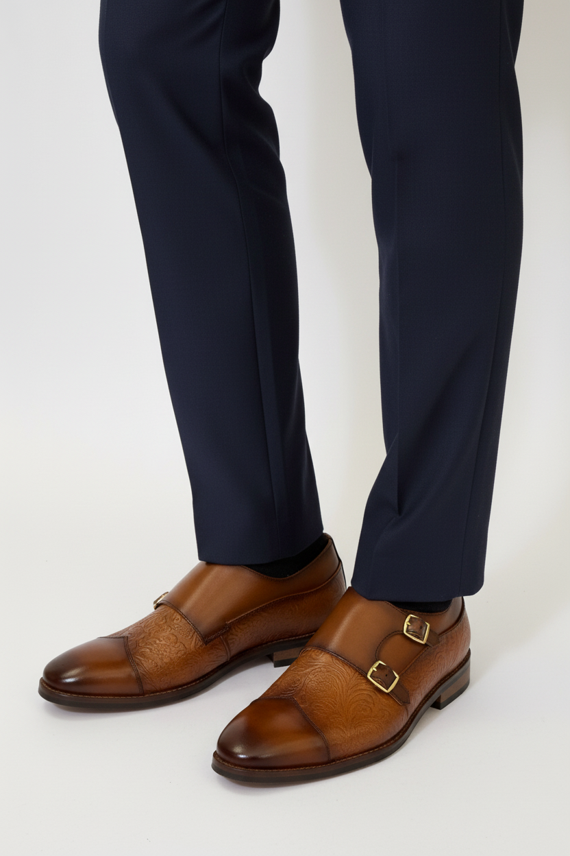 TAN BROWN EMBOSSED FINISHED DOUBLE MONK SHOES