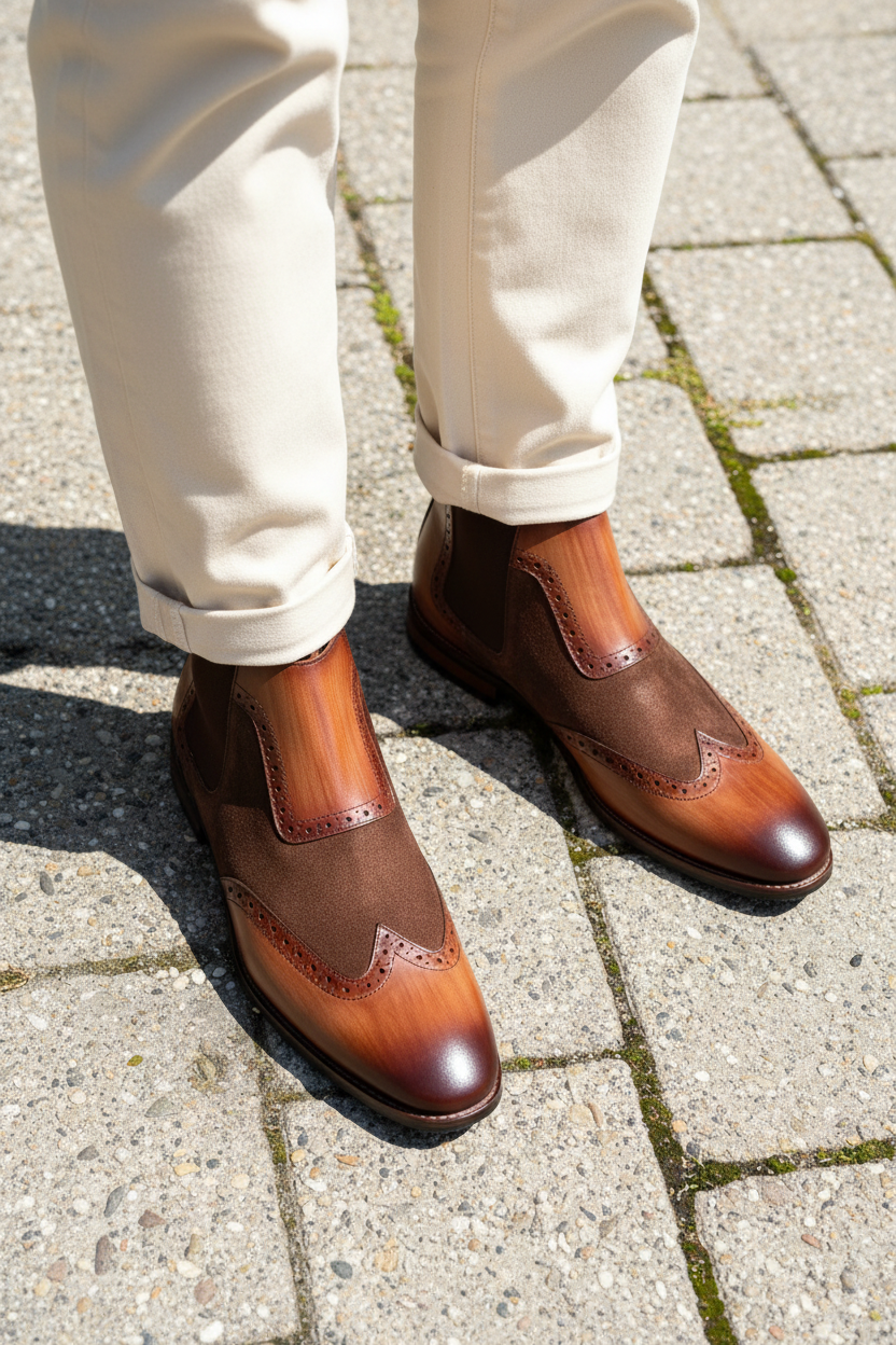 TWO-TONE BROGUE CHELSEA BOOTS
