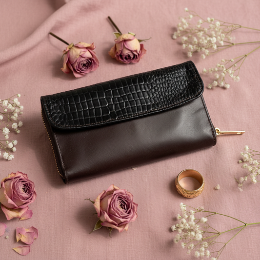 Chocolate Brown Croc-Textured Leather Wallet