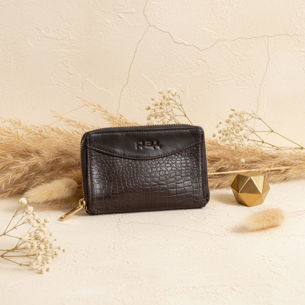 Chocolate Brown Croc-Textured Mini Wallet