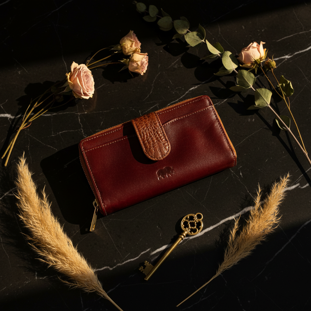 Tan & Burgundy Croc-Textured Leather Wallet