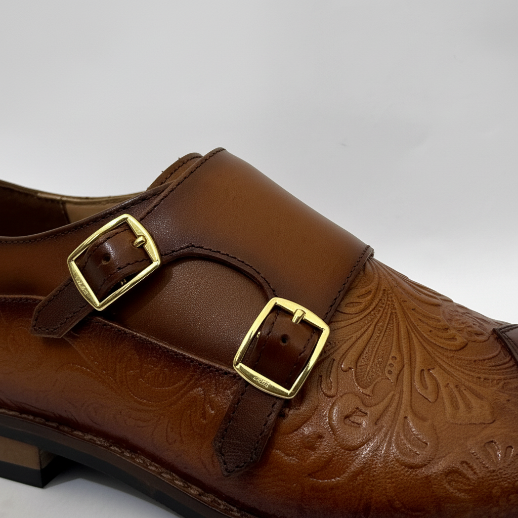 TAN BROWN EMBOSSED FINISHED DOUBLE MONK SHOES