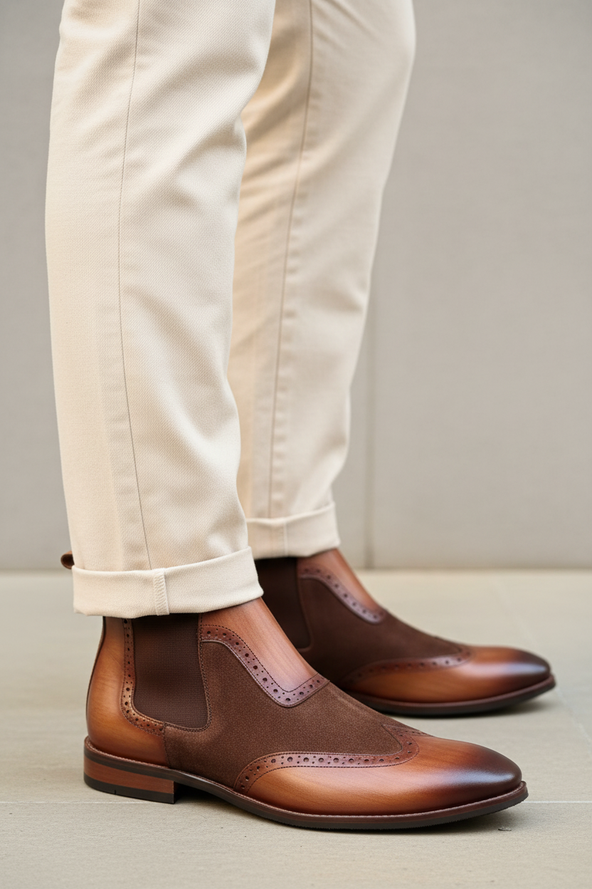 TWO-TONE BROGUE CHELSEA BOOTS