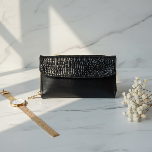 Black Croc-Textured Leather Wallet