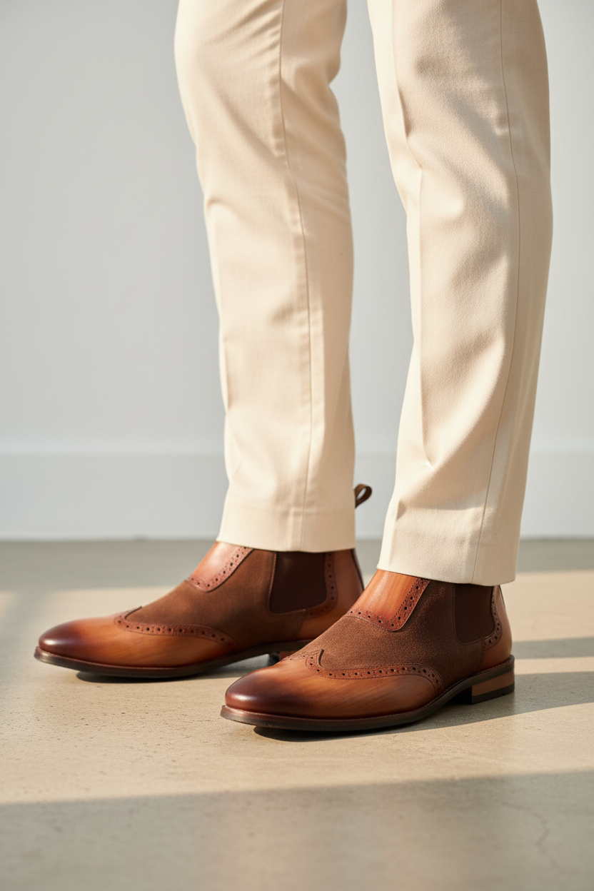TWO-TONE BROGUE CHELSEA BOOTS