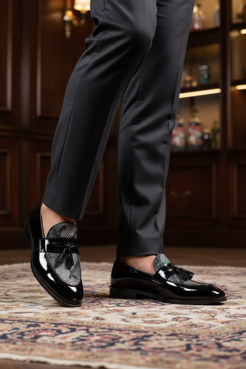 BLACK TASSEL PATENT LOAFERS