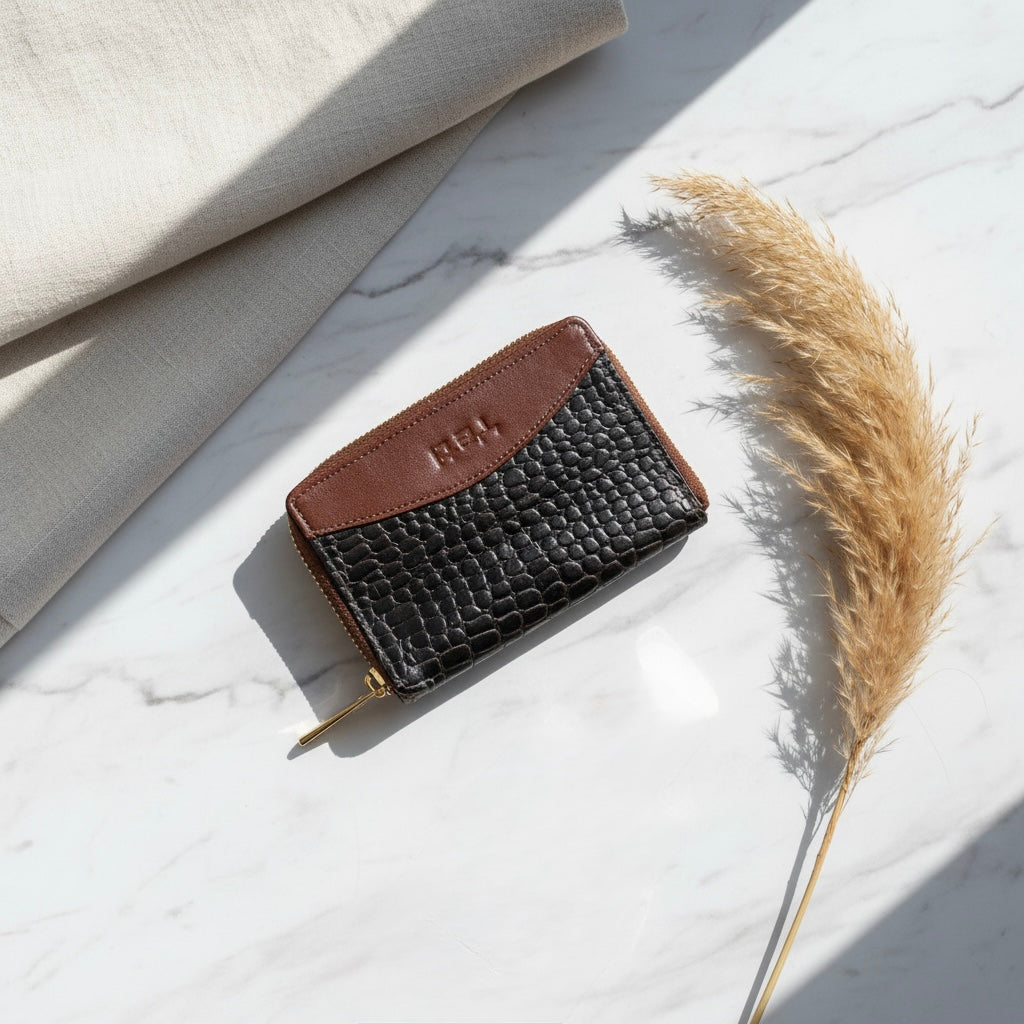 Brown Black Croc-Textured Mini Wallet