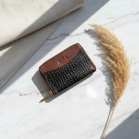 Brown Black Croc-Textured Mini Wallet