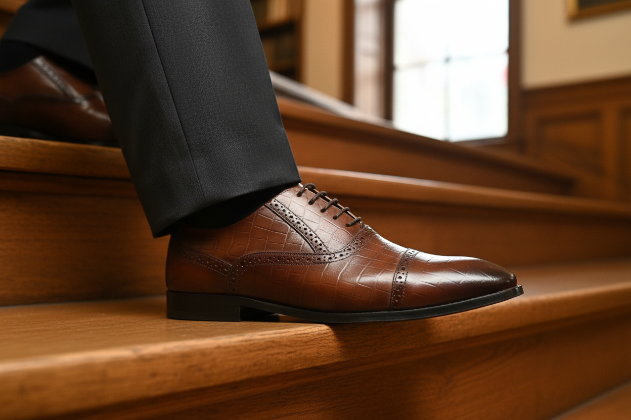 BROWN CROC-TEXTURED OXFORDS