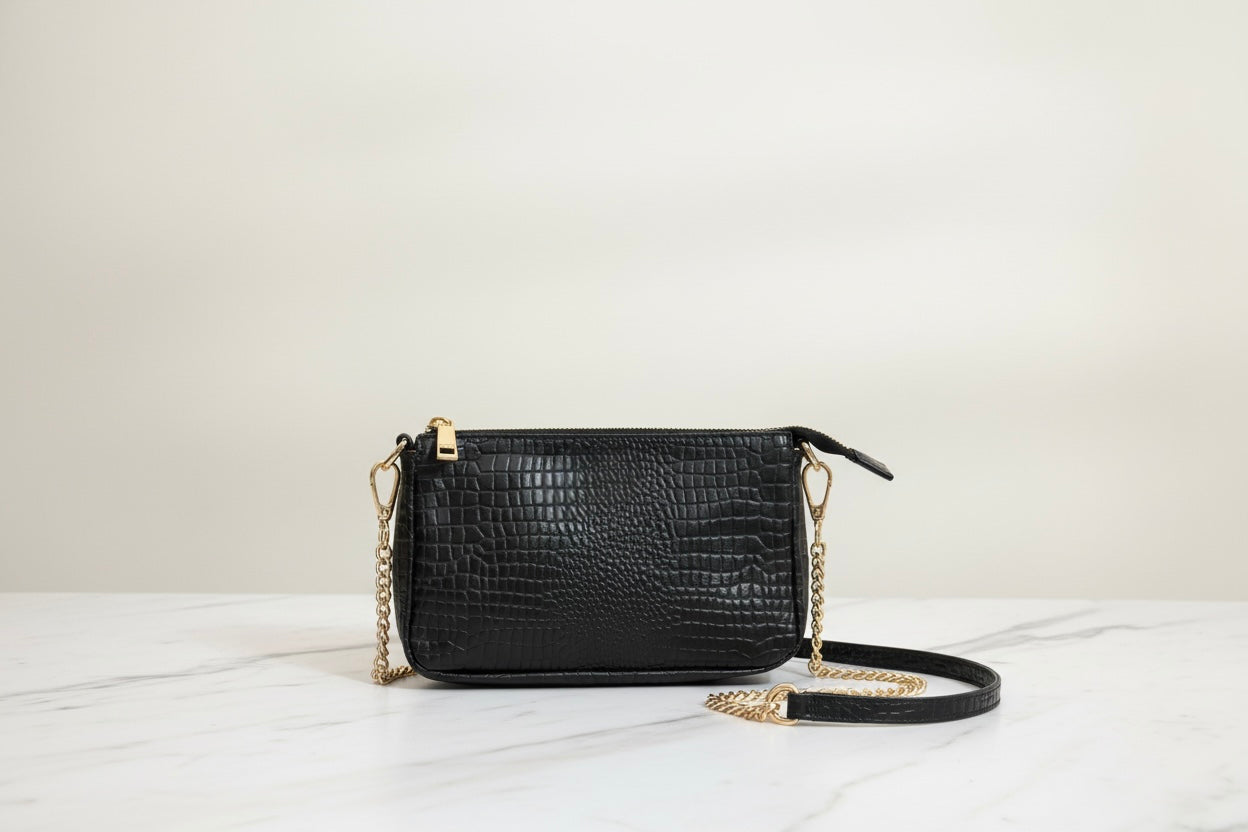 Black Croc-Textured Leather Sling Bag