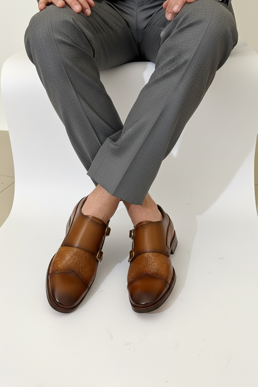 TAN BROWN EMBOSSED FINISHED DOUBLE MONK SHOES