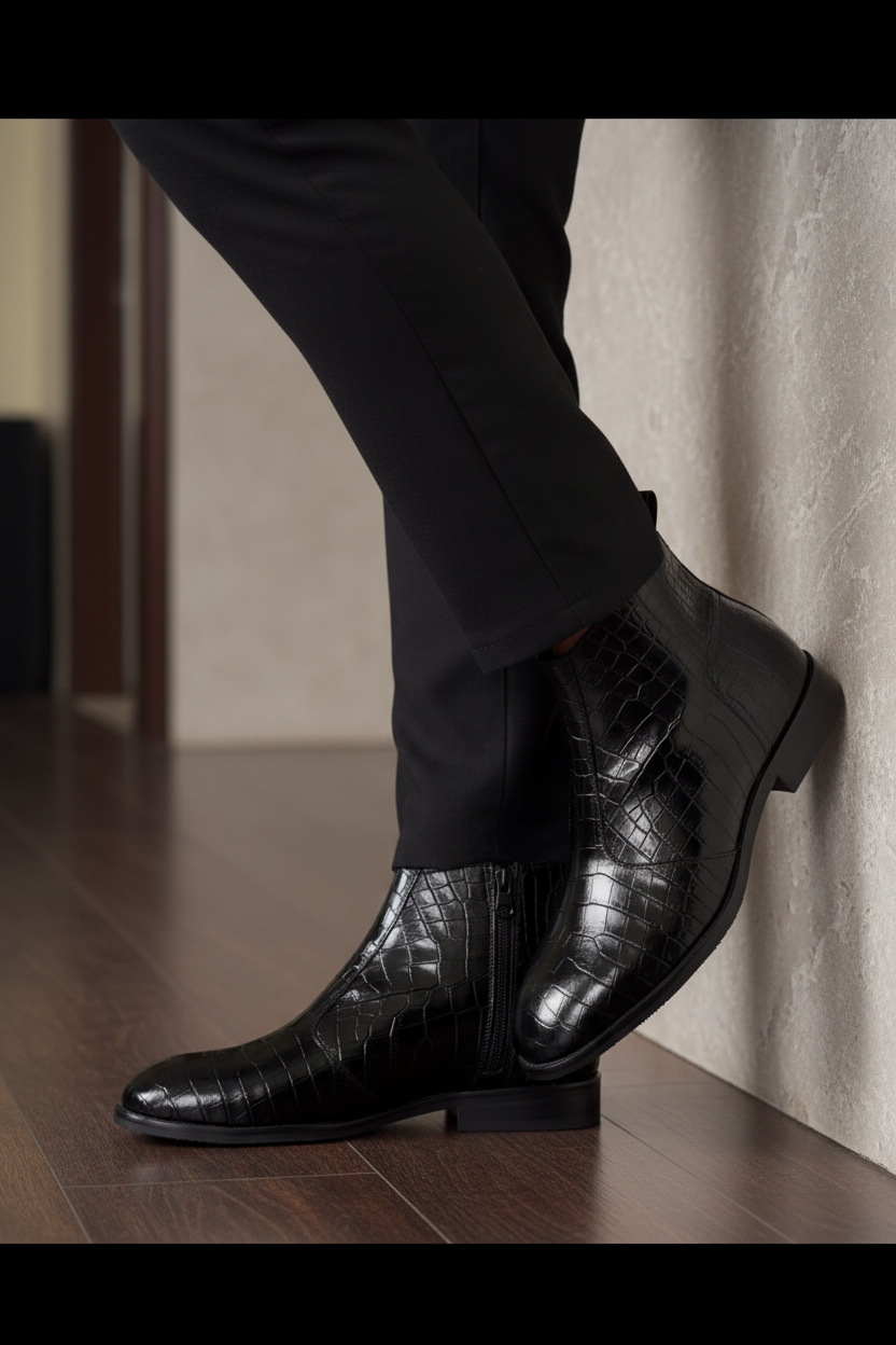 BLACK CROCO CHELSEA BOOTS
