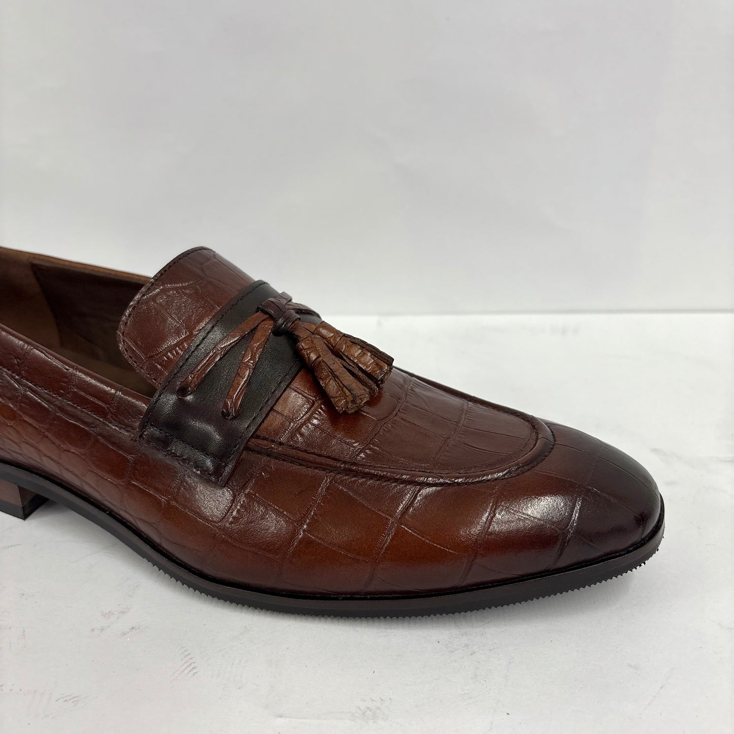 BROWN CROC-TEXTURED TASSEL LOAFERS