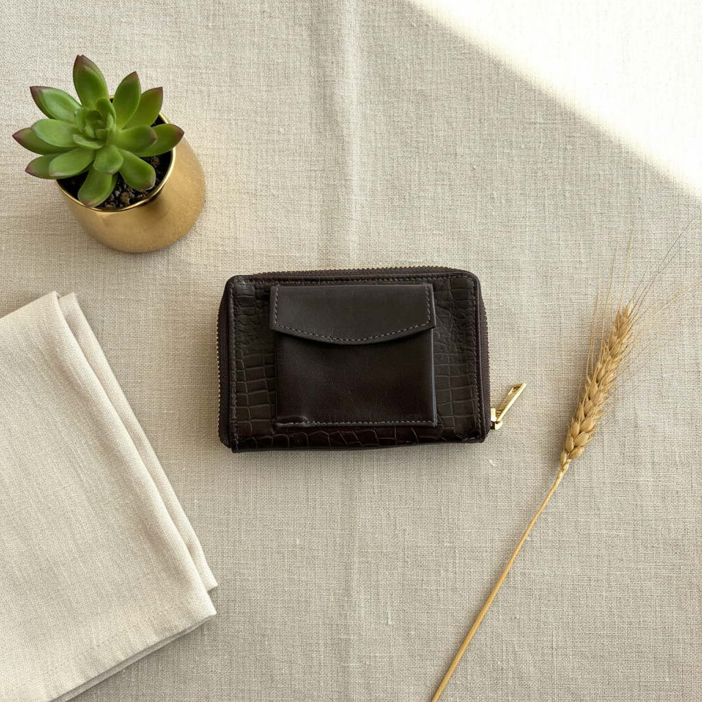 Chocolate Brown Croc-Textured Mini Wallet