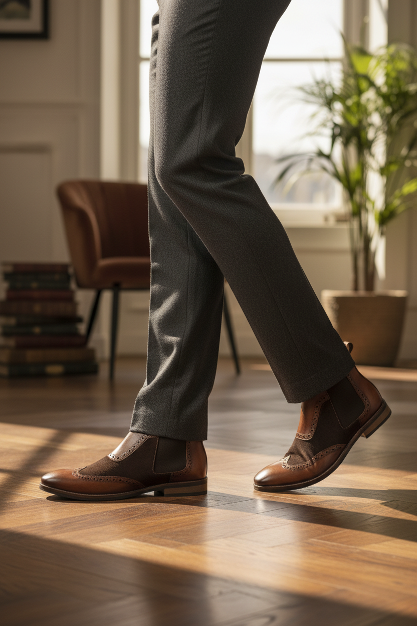 TWO-TONE BROGUE CHELSEA BOOTS