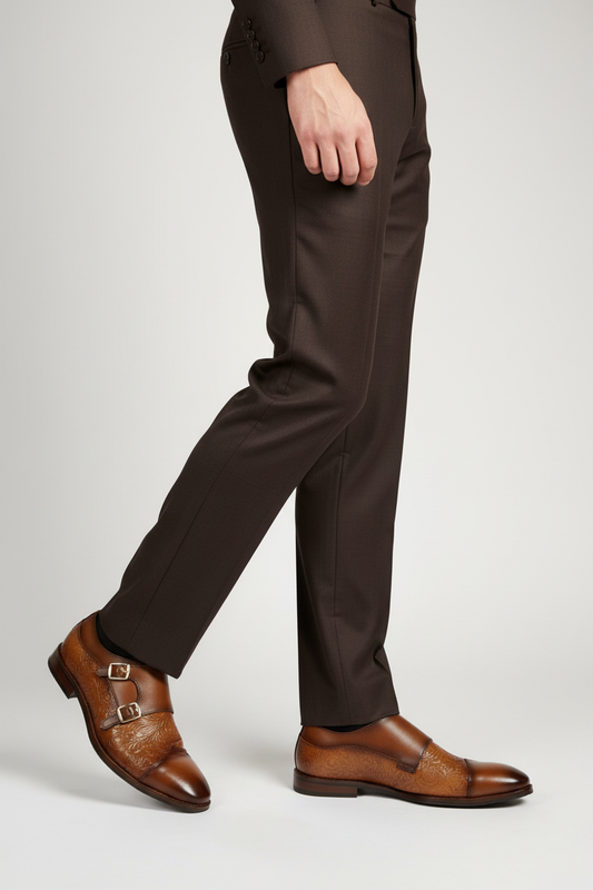 TAN BROWN EMBOSSED FINISHED DOUBLE MONK SHOES