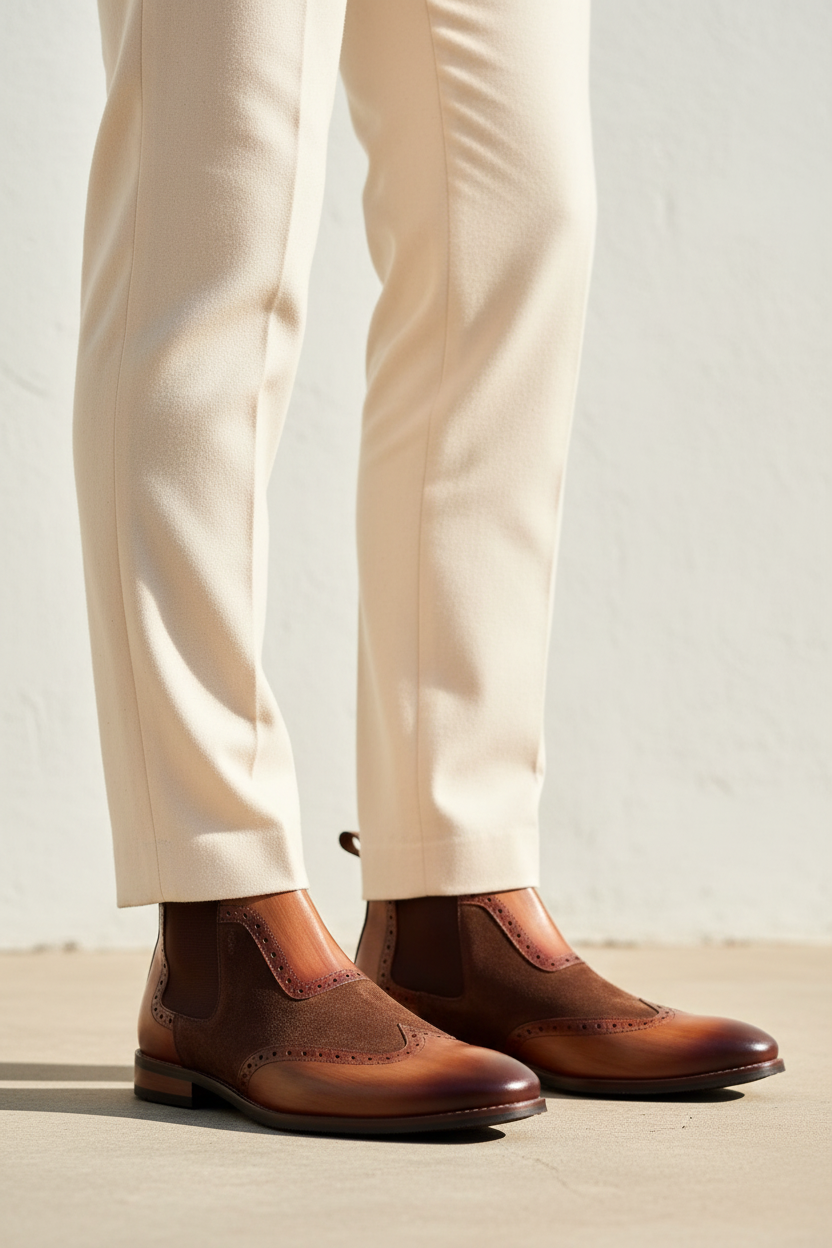 TWO-TONE BROGUE CHELSEA BOOTS