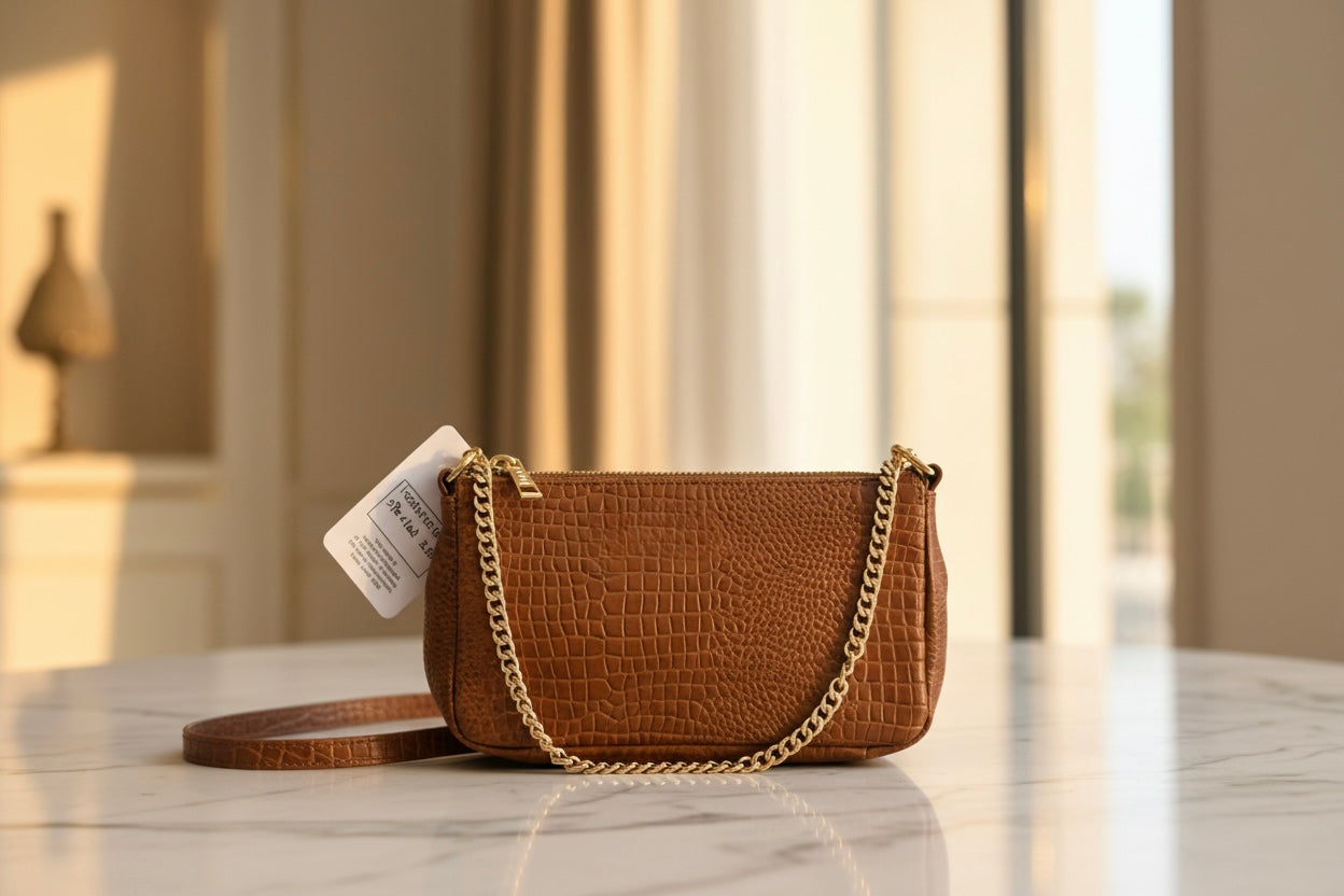 Tan Croc-Textured Leather Sling Bag