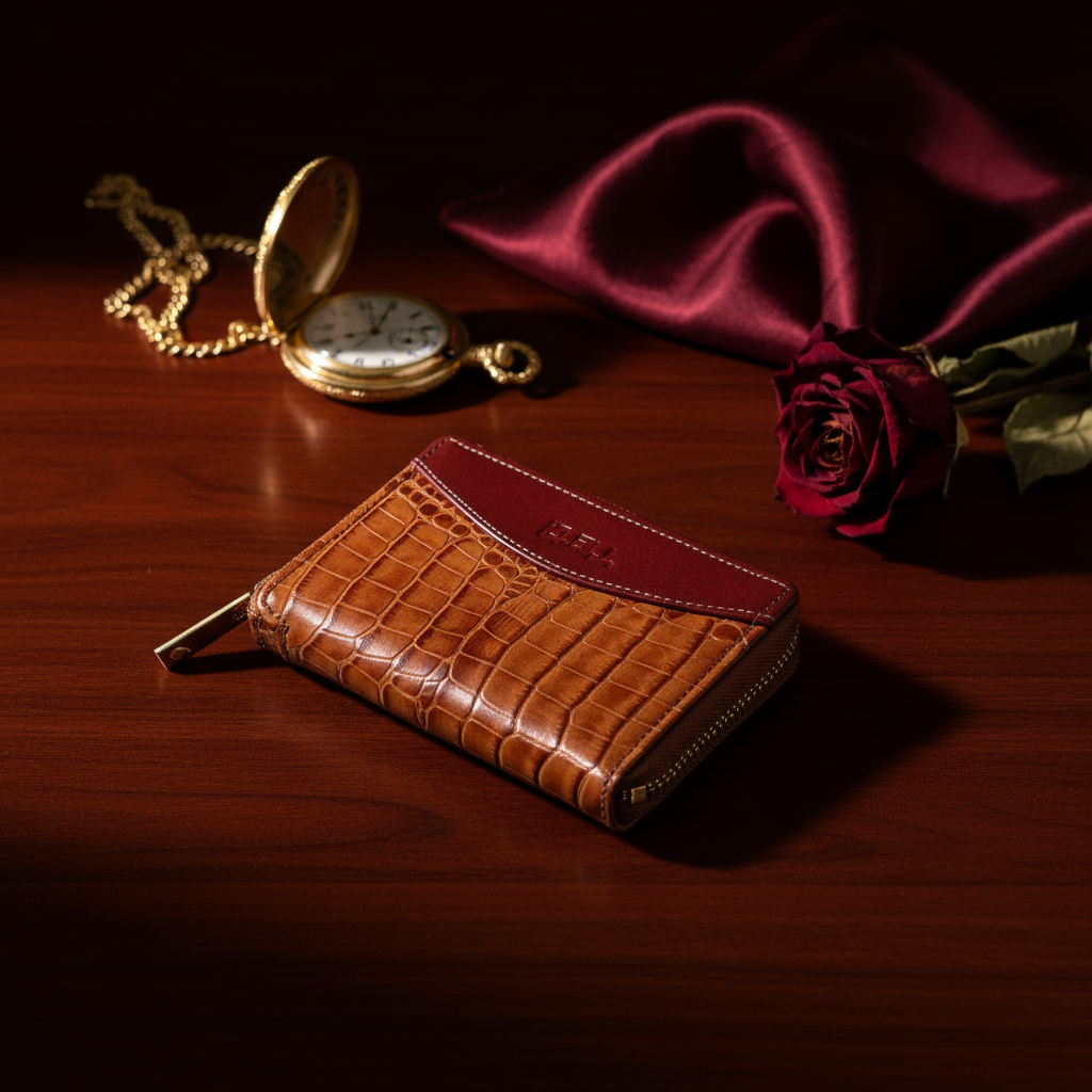 Tan Burgundy Croc-Textured Mini Wallet