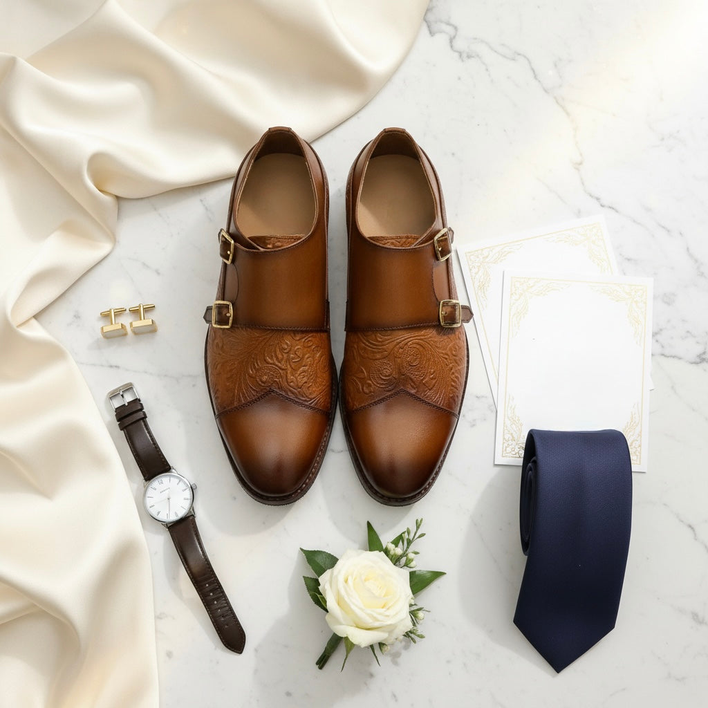 TAN BROWN EMBOSSED FINISHED DOUBLE MONK SHOES