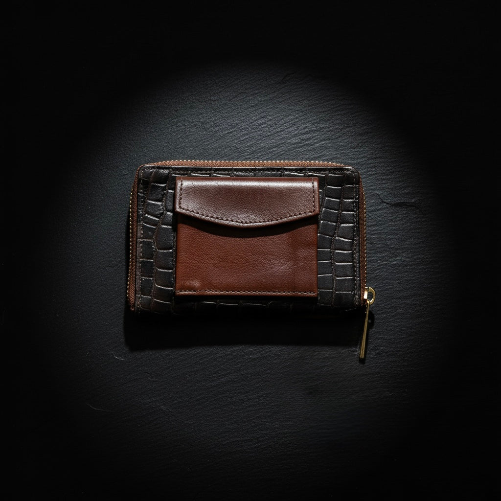 Brown Black Croc-Textured Mini Wallet