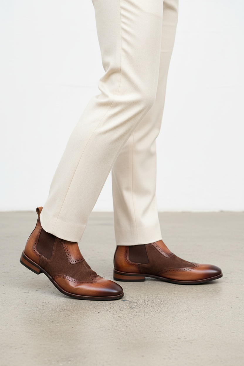 TWO-TONE BROGUE CHELSEA BOOTS