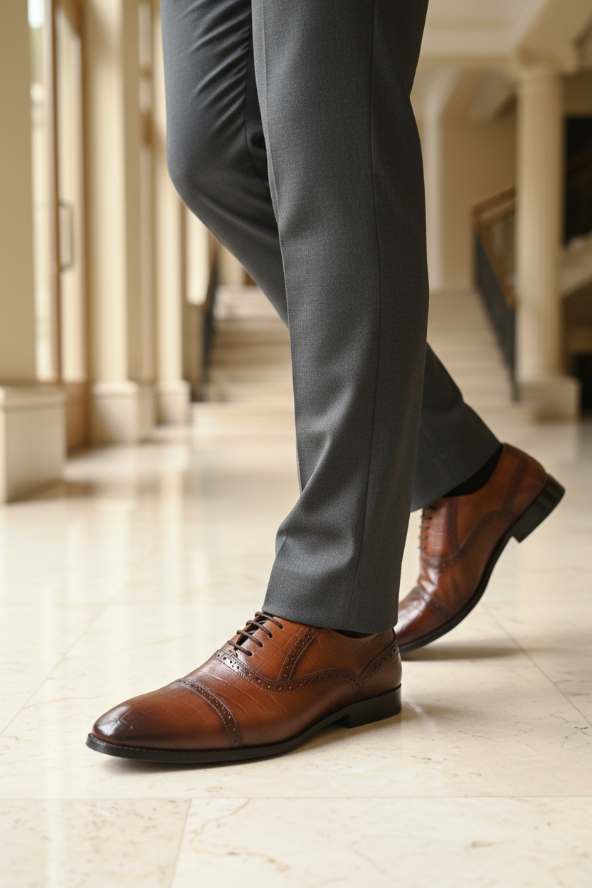 BROWN CROC-TEXTURED OXFORDS