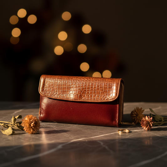 Tan & Burgundy Croc-Textured Leather Wallet