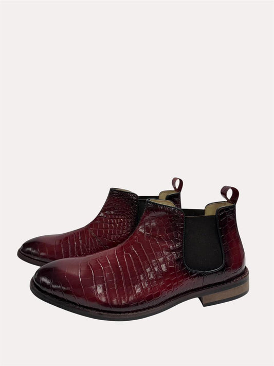 BURGUNDY CROC-EMBOSSED LEATHER CHELSEA BOOTS