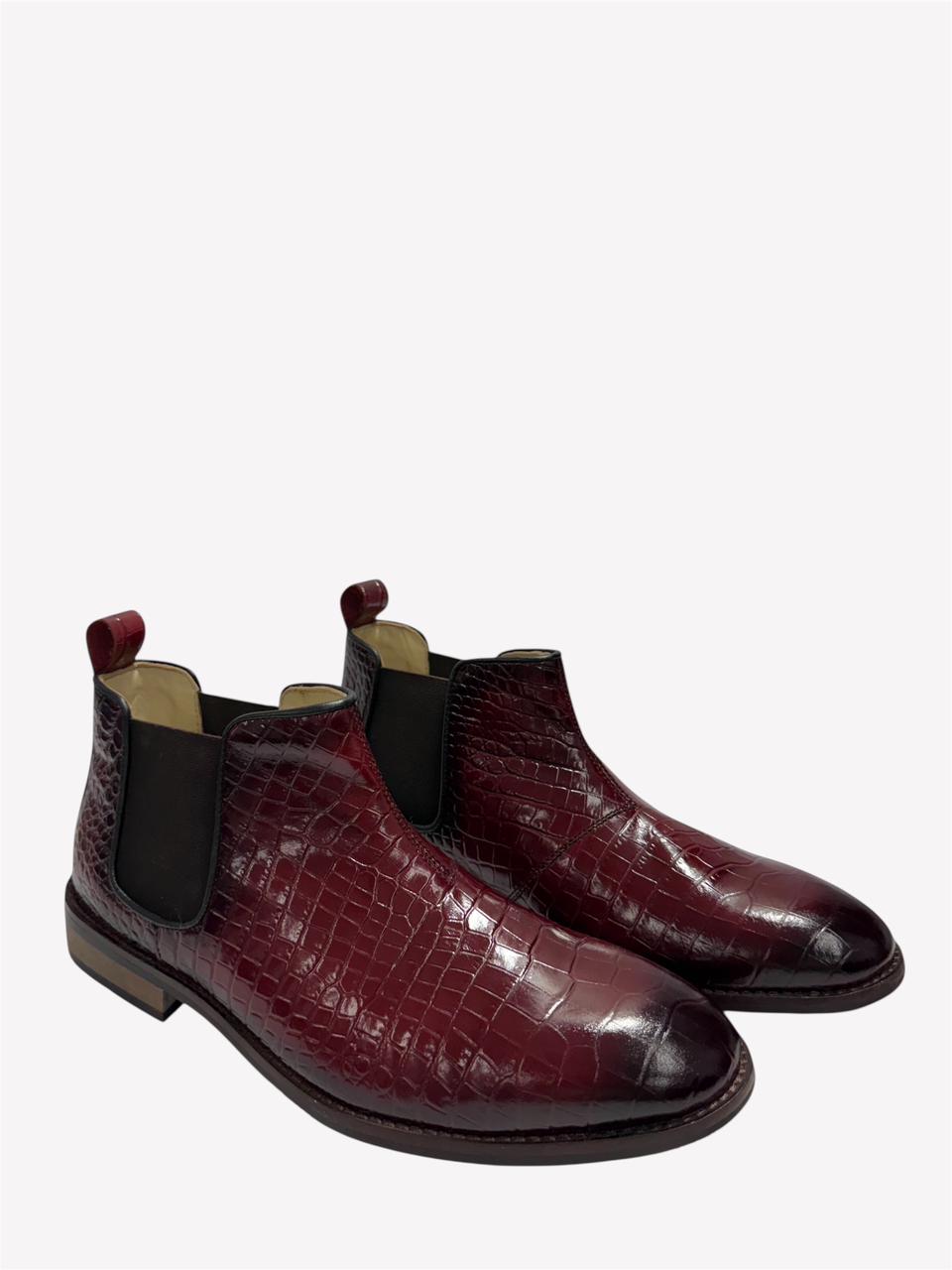 BURGUNDY CROC-EMBOSSED LEATHER CHELSEA BOOTS