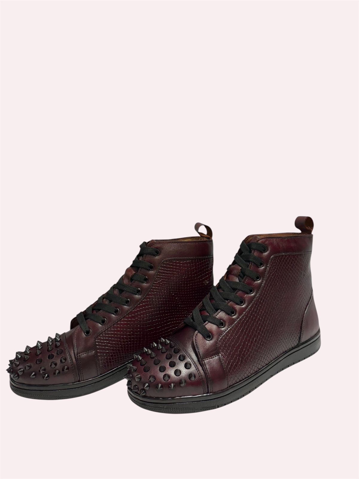 BURGUNDY SPIKED LEATHER HIGH-TOP SNEAKERS