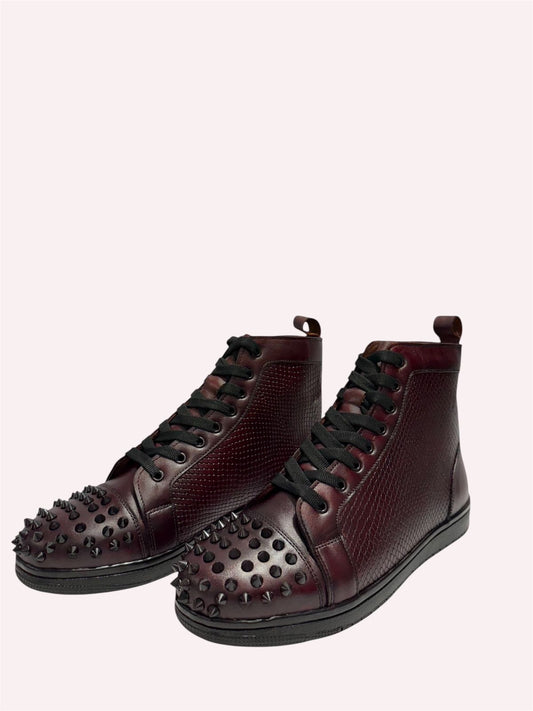 BURGUNDY SPIKED LEATHER HIGH-TOP SNEAKERS