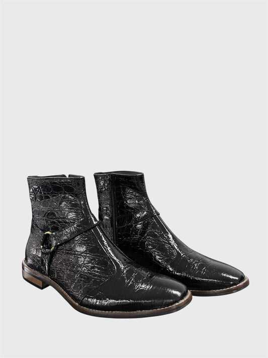 BLACK CROC-EMBOSSED LEATHER ANKLE BOOTS WITH SIDE BUCKLE