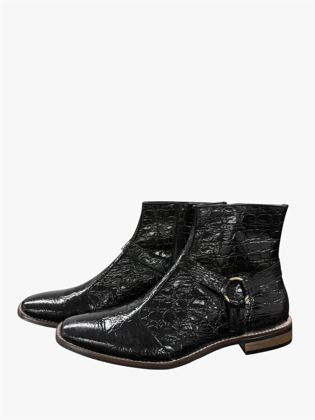 BLACK CROC-EMBOSSED LEATHER ANKLE BOOTS WITH SIDE BUCKLE