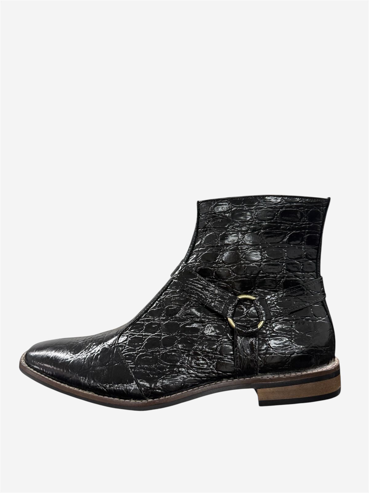 BLACK CROC-EMBOSSED LEATHER ANKLE BOOTS WITH SIDE BUCKLE
