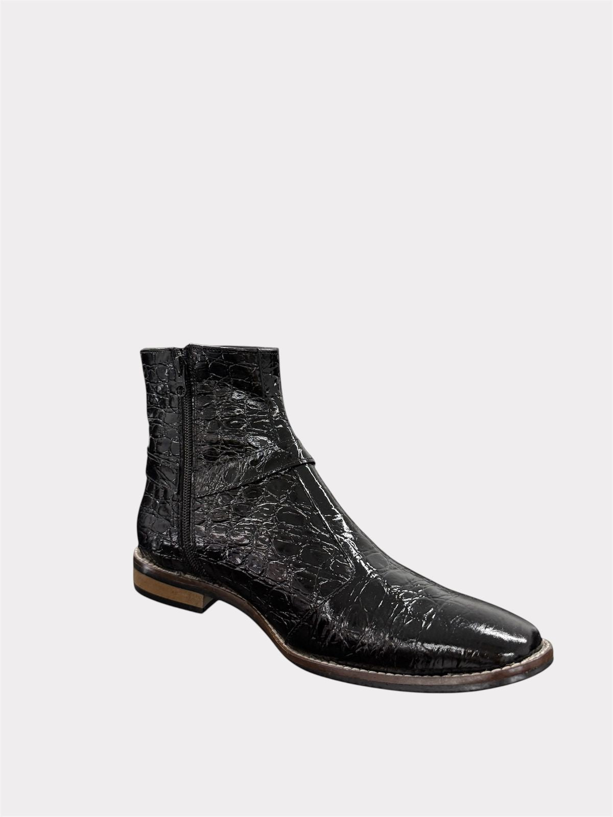 BLACK CROC-EMBOSSED LEATHER ANKLE BOOTS WITH SIDE BUCKLE