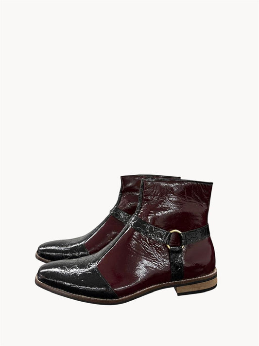 BURGUNDY & BLACK TWO-TONE LEATHER ANKLE BOOTS