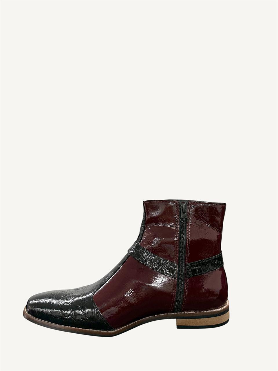 BURGUNDY & BLACK TWO-TONE LEATHER ANKLE BOOTS