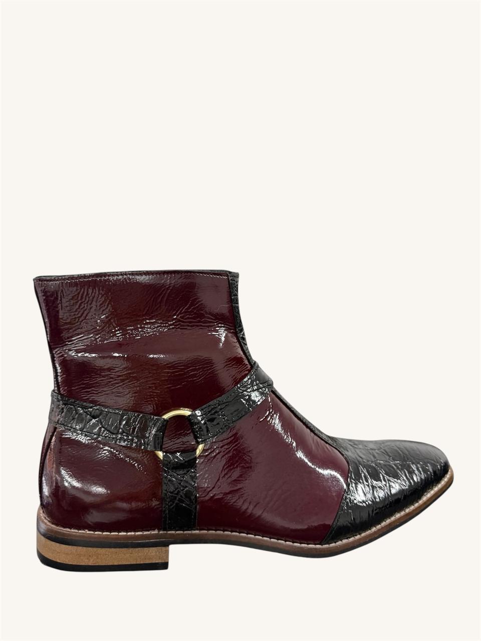 BURGUNDY & BLACK TWO-TONE LEATHER ANKLE BOOTS