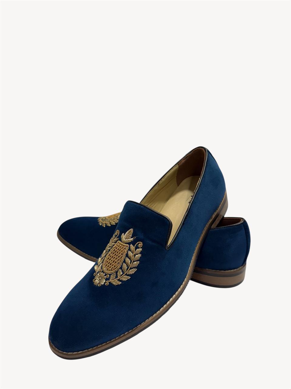 ROYAL BLUE SUEDE EMBRIDERED SLIP-ON LOAFERS