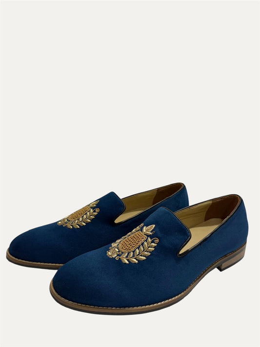 ROYAL BLUE SUEDE EMBRIDERED SLIP-ON LOAFERS