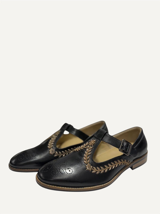 BLACK LEATHER EMBROIDERED BUCKLE STRAP SHOES